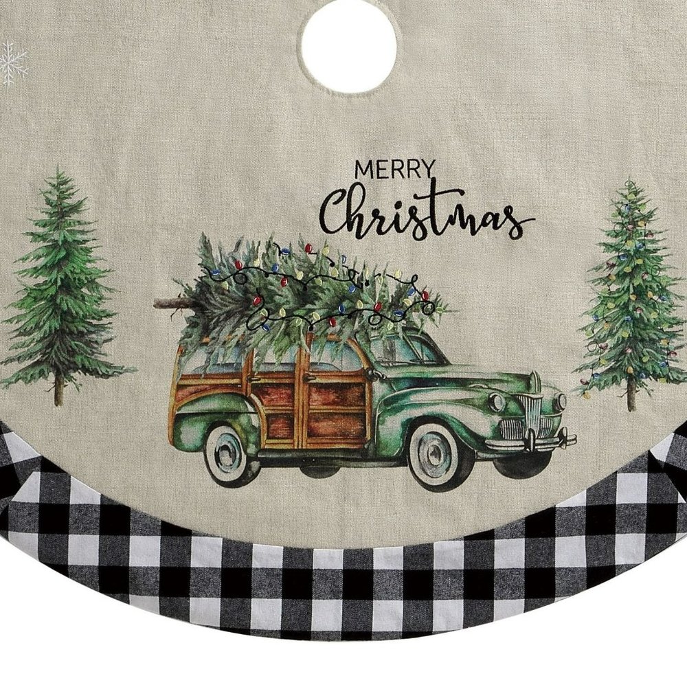 Woody Station Wagon Christmas Tree Skirt Green Truck Black Plaid Embroidered 48"